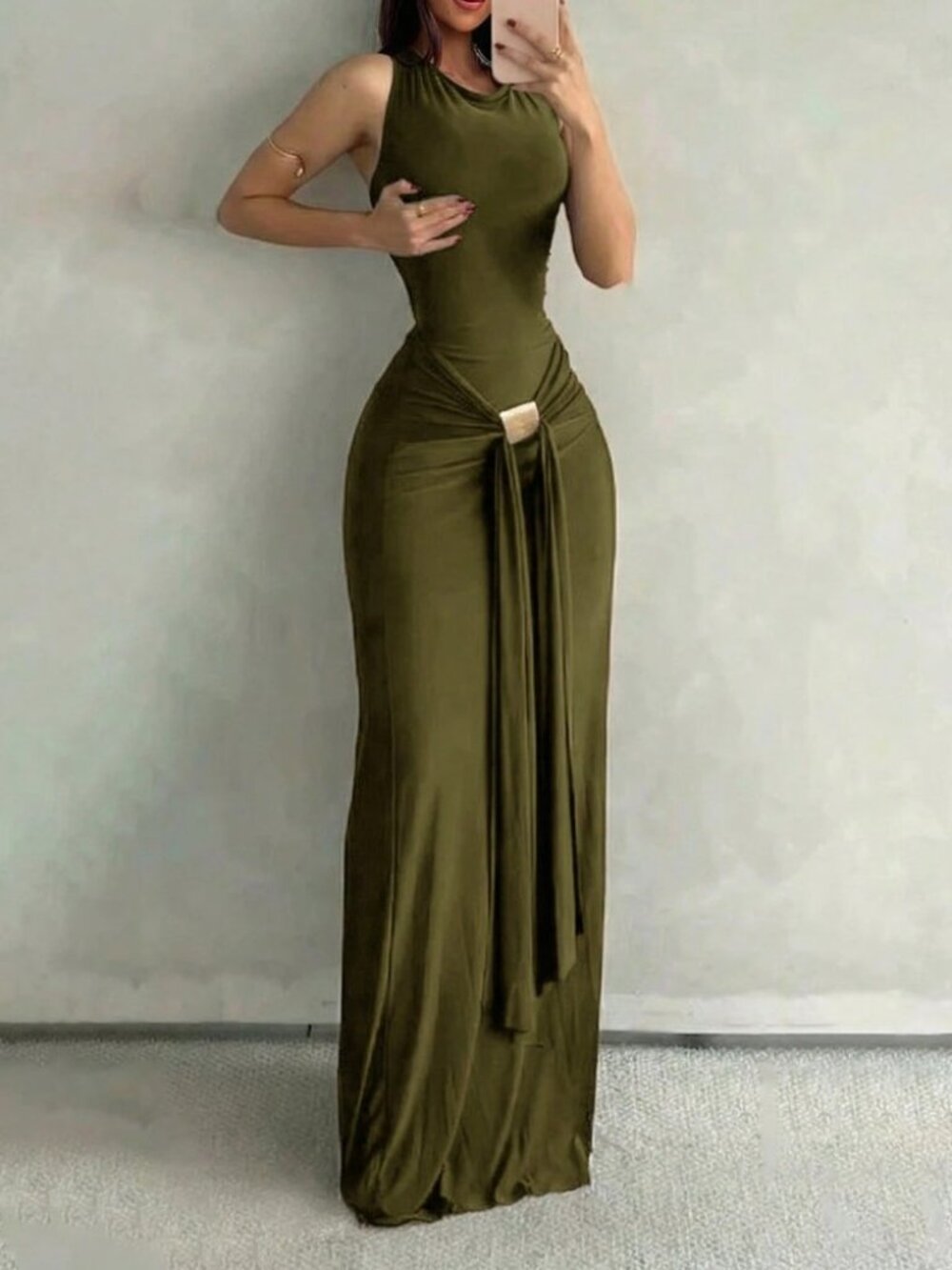 Olive Green Square Metal Detailing Draped Sleeveless Maxi Dress